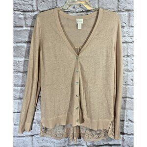 CHICOS Blush Pink Cardigan Sweater 1 M Lace Embroidered Eyelet Sheer Linen Blend